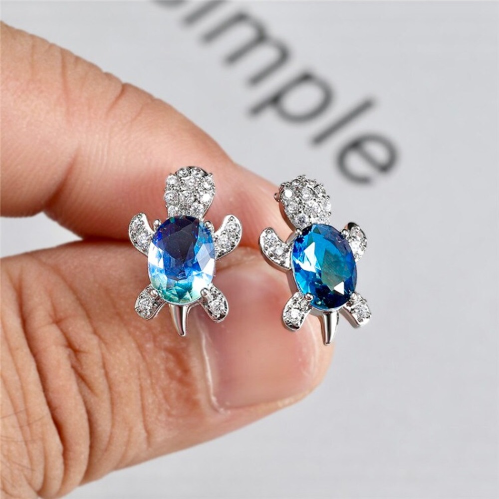 “Just Keep Swimming” Turtle Diamond Gem Earrings - Picture 3 of 11